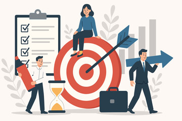 People achieving goals with target and checklist, arrow hitting center, teamwork improving progress and direction, flat vector illustration