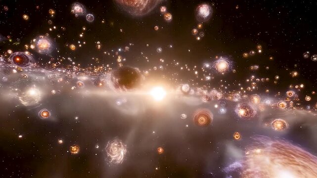Abstract cosmic river of thousands of galaxies flowing towards a mysterious central light, illuminated by volumetric fog, glowing with epic scale