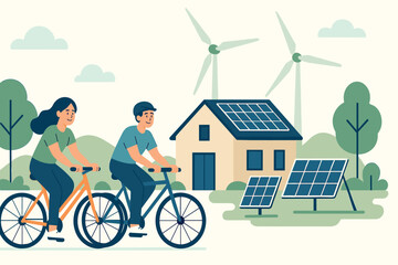 People riding bicycles near eco home, solar panels and wind turbines in green landscape, flat vector illustration