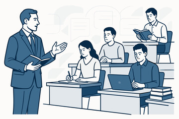 Teacher giving lecture in classroom, students listening and taking notes, academic learning environment with books and laptops, flat vector illustration