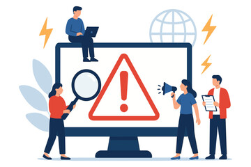 Team analyzing system alert on computer, people inspecting warning symbol with magnifier and megaphone, global network concept, flat vector illustration