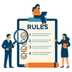 Team reviewing rules on checklist, magnifying glass inspecting completed items, woman working on laptop above clipboard, flat vector illustration