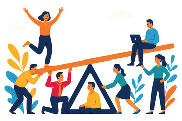 Team balancing on seesaw, people cooperating and supporting each other in teamwork activity, business collaboration and balance concept, flat vector illustration