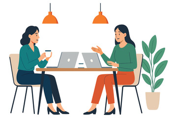 Two women discussing work at table, laptops open during meeting, conversation in modern office setting, flat vector illustration