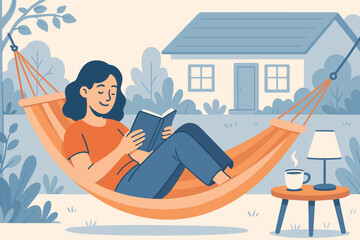 Woman relaxing on hammock while reading a book in backyard garden, peaceful outdoor leisure time near home with warm atmosphere and cozy setup, flat vector illustration