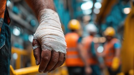 Workplace Incident: A construction worker's injured hand is bandaged, highlighting the inherent risks and consequences of industrial accidents, emphasizing the importance of safety protocols