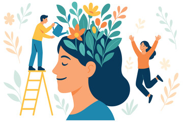 Woman with flourishing plants on head, man watering growth, girl celebrating positive mood, flat vector illustration