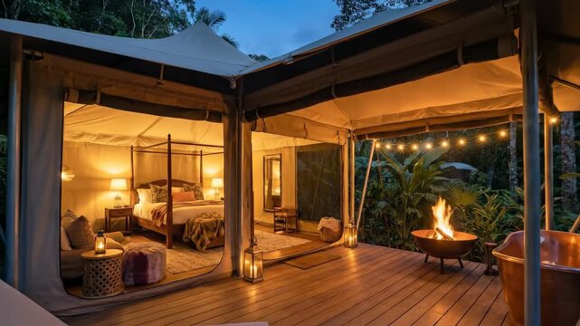 Illuminated glamping tent at dusk with an outdoor fire pit and tub, luxurious safari stay in a jungle environment, tranquil evening scene