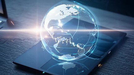 A high-tech holographic globe hovering above a laptop, symbolizing global connectivity and technological advancement. the luminous blue grid represents future innovations and digital transformation. - Powered by Adobe