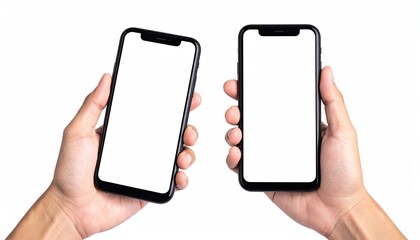 Two hands holding smartphones with blank screens on white background