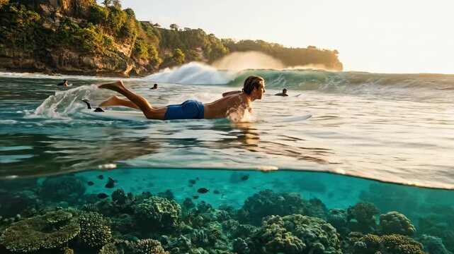 Caucasian man paddling surfboard over coral reef in Bali. Split shot showing surfer and underwater view for travel.