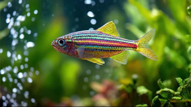 Macro close up of colorful striped tropical fish swimming in planted freshwater aquarium with rising air bubbles