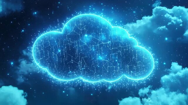 A luminous digital cloud drifts through a deep blue starry sky, surrounded by sparkling particles and ethereal elements, creating a captivating cosmic atmosphere.