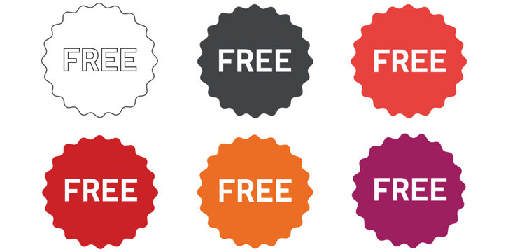 Free Labels An array of colorful labels bearing the word FREE, each offering a unique visual appeal. Perfect for conveying a message of complimentary value.