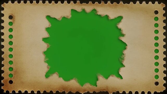 A vintage-style perforated stamp or ticket with a central jagged green screen placeholder for design elements.