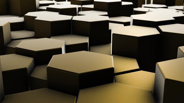 futuristic 3D background with black hexagonal columns and warm golden light. An abstract geometric texture in high-tech style for design, technology, and business presentations.