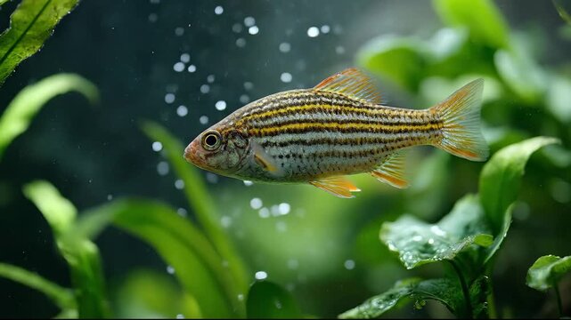 Macro close-up of a striped Zebra Danio fish swimming in a freshwater aquarium with green plants and bubbles