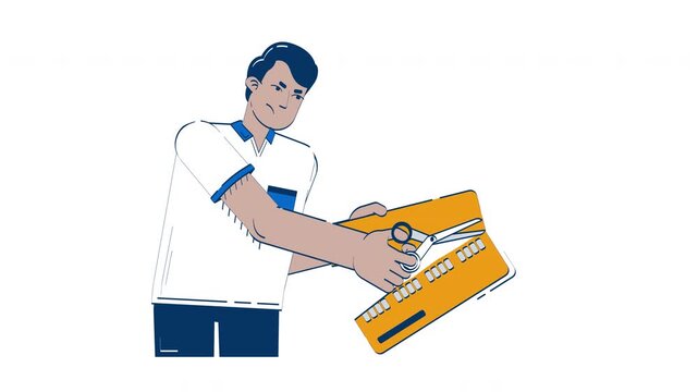 Man cutting credit card with scissors doodle animation. Decision to eliminate debt. Financial freedom. Cancel creditcard animated 2D flat cartoon concept, white background. 4K video motion graphic