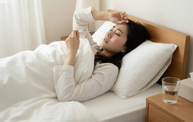 体温計で体温を測る若い女性