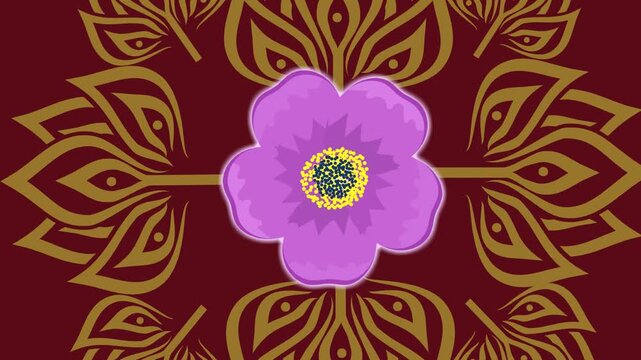 draw set of several purple flower enclose by golden frame in square shape on maroon screen background
