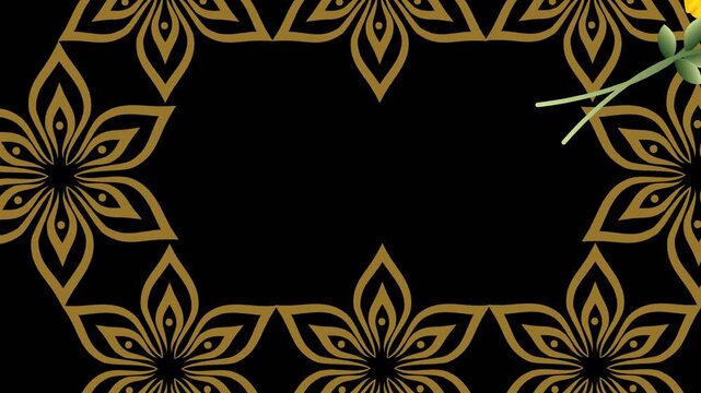 draw set of several yellow purple flower decorate with green leaf enclose by golden frame in rectangle shape on black screen background
