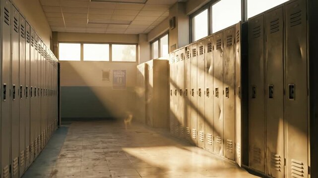 Empty school hallway lined with metal lockers. Retro 80s corridor bathed in warm sunlight through large windows. Vintage vhs style interior for nostalgic education and youth memory scenes.