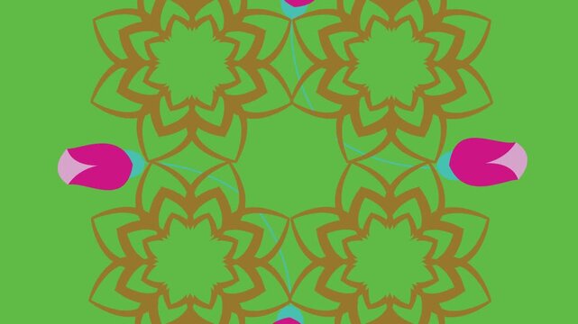 draw set of five pink flower decorate with various bud enclose by golden frame in square shape on green screen background
