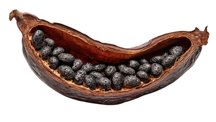 A dried, split pod reveals many dark, oval seeds within its textured interior