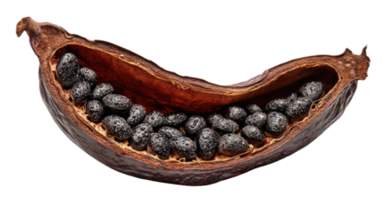 A dried, split pod reveals many dark, oval seeds within its textured interior