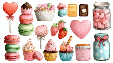 Watercolor Valentine Sweets and Hearts Collection.watercolor illustrations of Valentine-themed sweets, including a lollipop, cupcake, macaroon, and candies with hearts and love inscriptions.