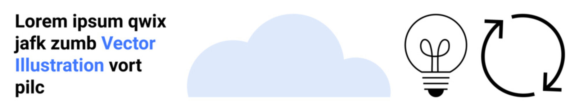 Creative thinking, environmental sustainability, energy innovation, brainstorming, technology, cloud storage. A cloud beside a lightbulb and circular arrows. Creative thinking and environmental