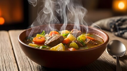 Hot bowl of soup with steam rising, winter comfort food, cozy lighting, rustic table
