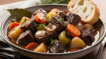 Beef stew with vegetables, slow cooked comfort food, natural light