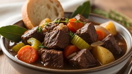 Beef stew with vegetables, slow cooked comfort food, natural light