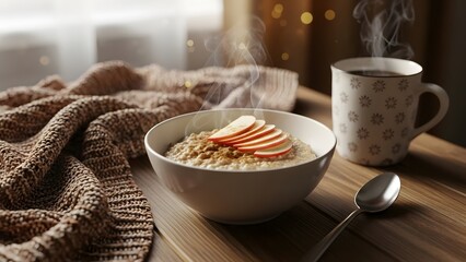 Oatmeal with cinnamon and apples, winter breakfast, cozy styling