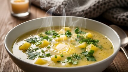 Potato soup topped with herbs, warm and creamy, winter food concept