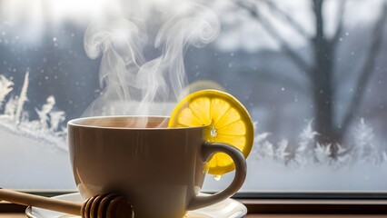 Steaming cup of herbal tea with lemon and honey, cold weather drink