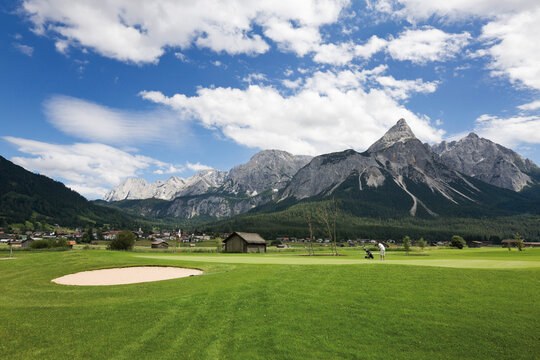 Golf course with Zugspitz mountain in Ehrwald Tyrol Austria