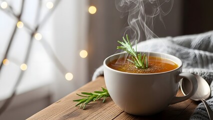 Steaming mug of bone broth, healthy winter drink