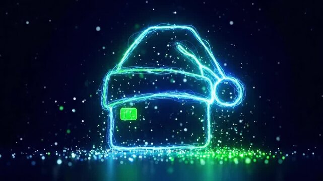 Santa hat shape formed by neon lines over a credit card with micro chip. Christmas online shopping and holiday present concept.