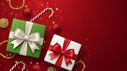 Festive holiday gift boxes with ornaments and candy canes on a rich red background for Christmas celebrations and New Year's presents