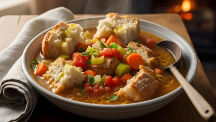Rustic bread soup with vegetables, traditional winter dish