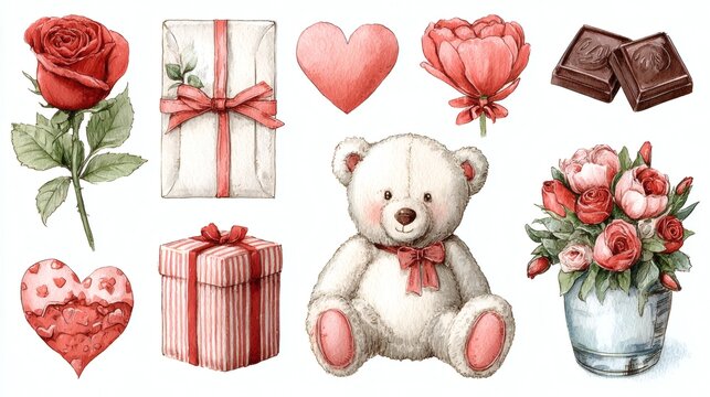 Cute teddy bears and gift box watercolor cartoon vector illustration design and good for happy valentine's day