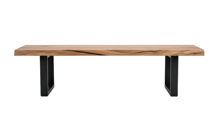 Rustic solid wood dining bench with sturdy metal legs viewed from front isolated on white background