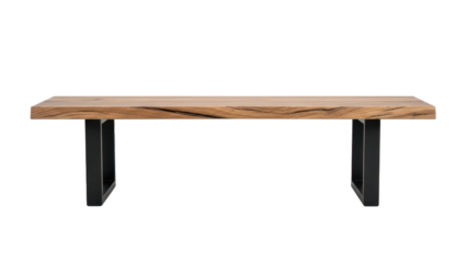 Rustic solid wood dining bench with sturdy metal legs viewed from front isolated on white background