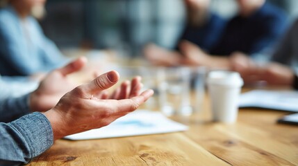 Boardroom Dynamics: A close-up shot of hands gesturing during a meeting captures the essence of collaborative decision-making, in an atmosphere of strategic thinking and innovative ideas.