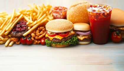 Delicious Fast Food Spread with Burgers, Hot Dogs, Crispy Fries, and Refreshing Cold Drinks Together