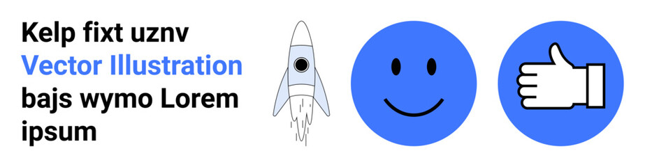 Fototapeta premium Social media, innovation, feedback, design elements, user interaction, branding. Blue happy face, thumbs-up rocket symbol in minimalist style. Social media and innovation
