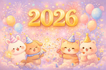 Fototapeta premium Cute cartoon baby and animal greeting card illustration with gifts and decorations for birthday or Christmas celebration