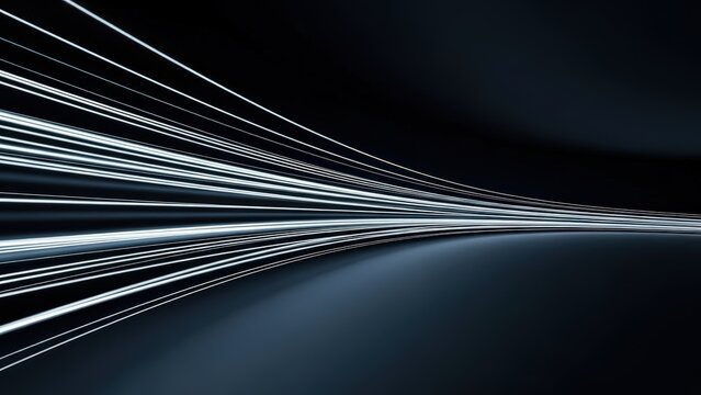 A futuristic scene with converging white lines on a dark background